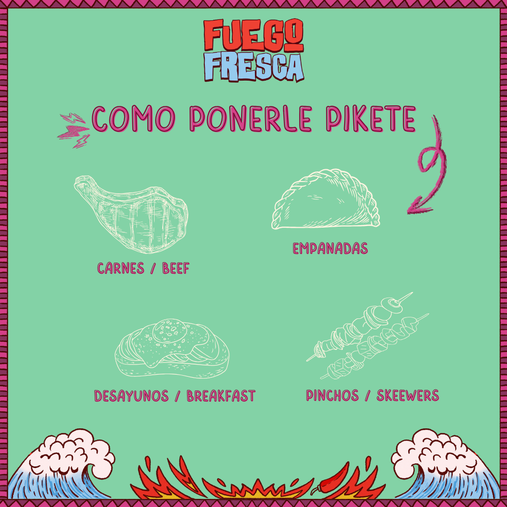 Illustrations of food items with text on a green background, featuring the passionfruit hot sauce brand name