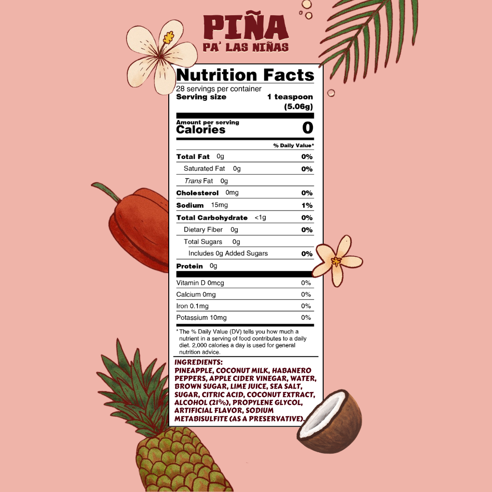 Nutrition facts label for Piña Pa' Las Niñas on a pink background with tropical elements.