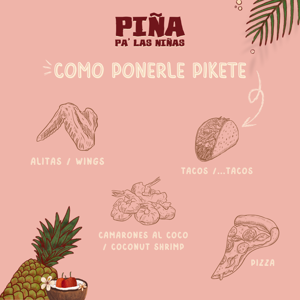 Illustrations of food items with text on a pink background, featuring the pineapple hot sauce brand name
